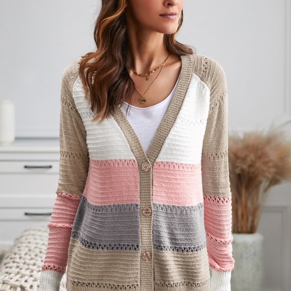 Multicolor V-neck Color Block Button Closure Eyelet Cardigan - Picture 7 of 8